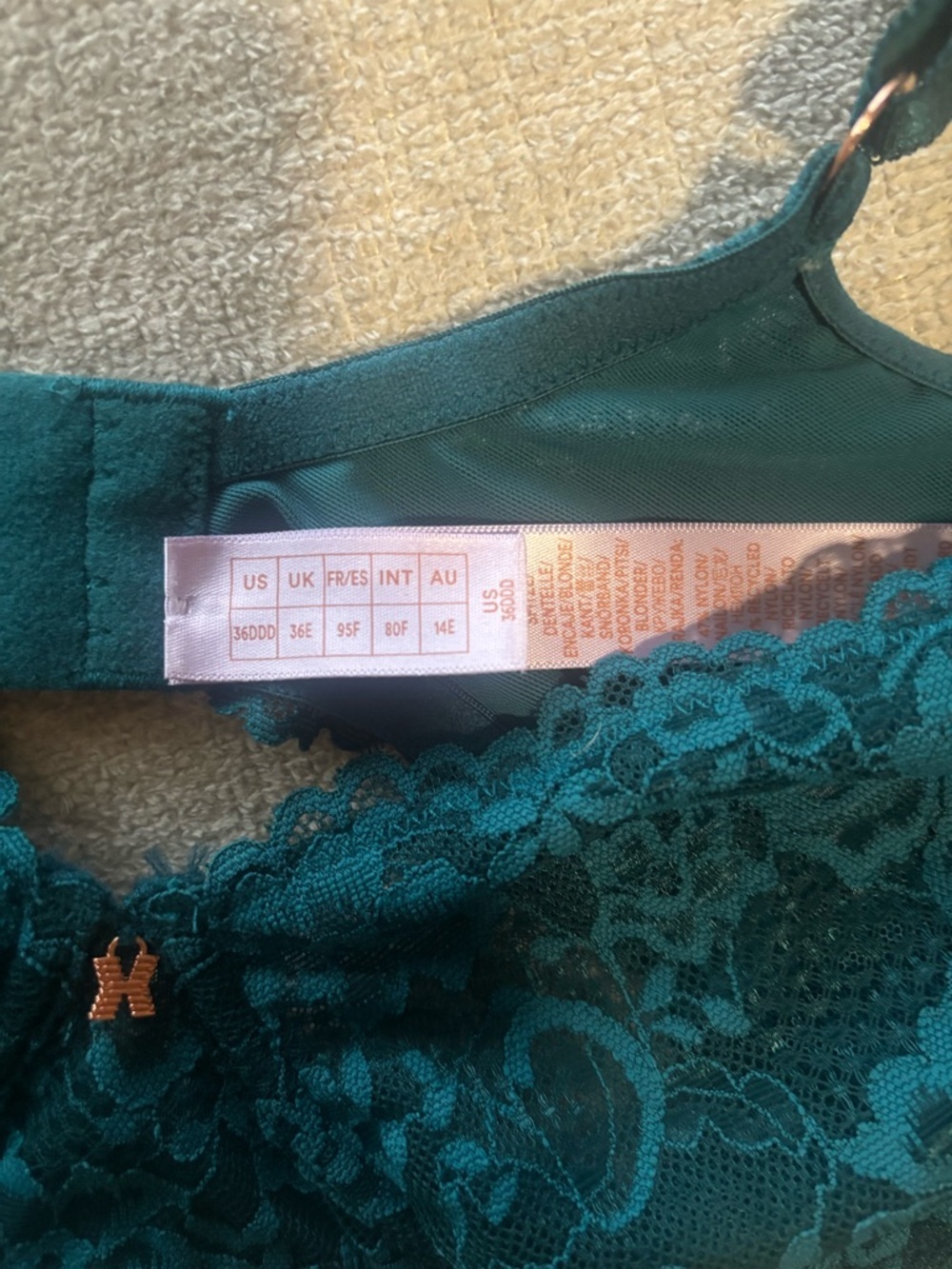 Savage X Fenty Lace Underwire Bra 36DD Teal Green Floral Unlined Lingerie - Picture 3 of 4